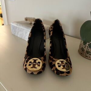 Tory Burch Leopard Print Heels with Gold Accents